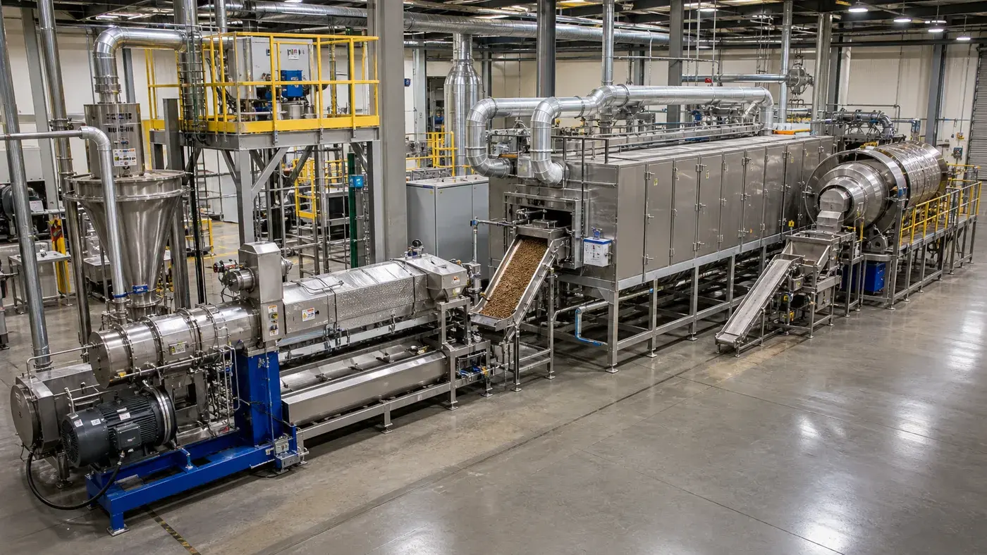 Integrated dry kibble production line connecting extrusion, multi-pass drying, coating and cooling equipment