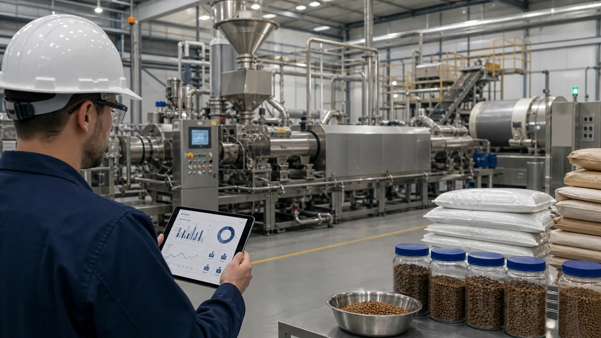Dry pet food extrusion line with engineer checking equipment and utility planning