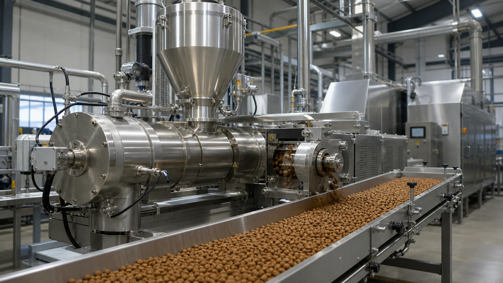 Pet food extrusion process closeup with kibble output on conveyor