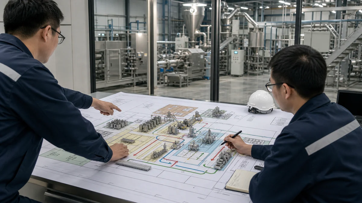Engineering team reviewing pet factory layout and equipment package plan