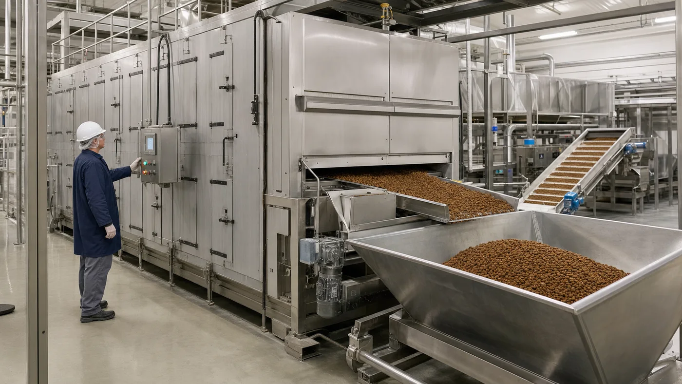Dry pet food dryer discharge and buffer hopper used for production line balancing