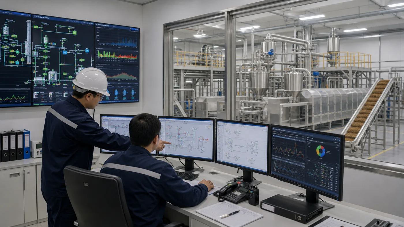 Pet food factory automation control room with production monitoring factory planning visual