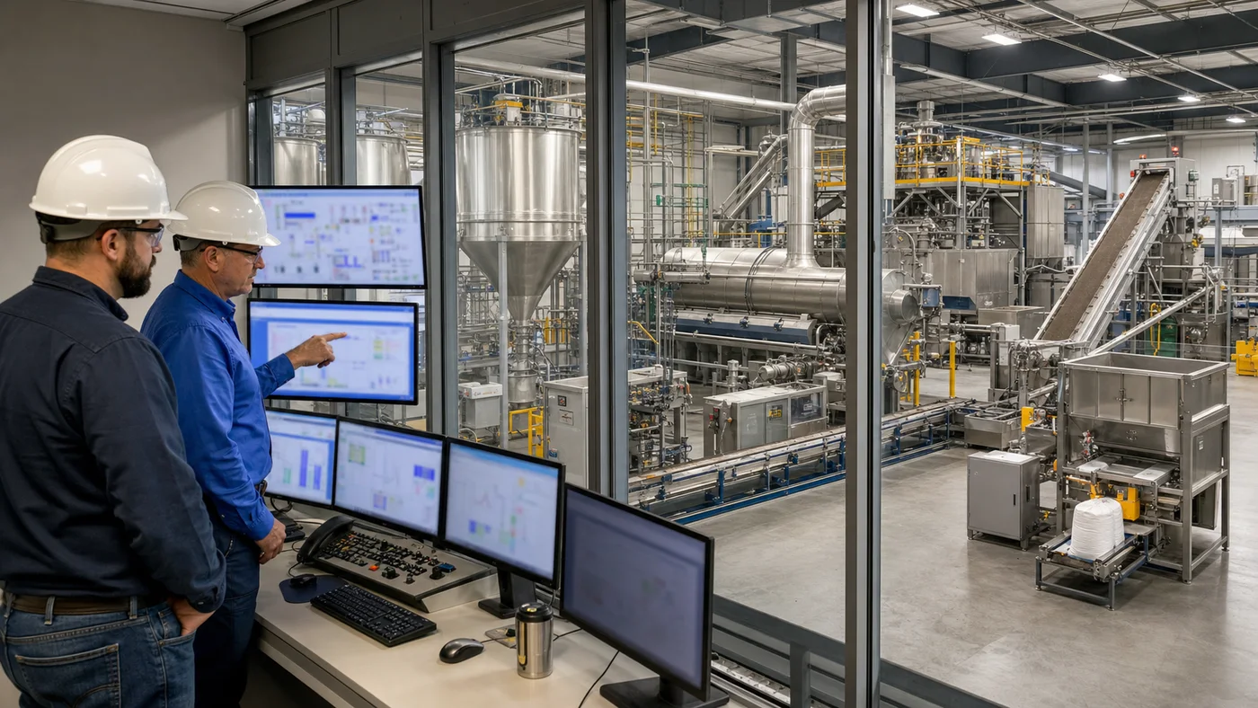 Process engineers reviewing pet food factory capacity and line balance from a production control room