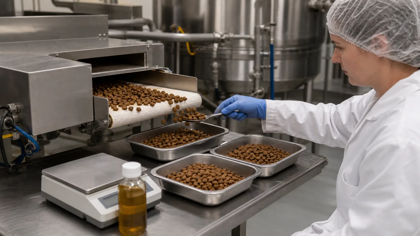 Production technician sampling freshly coated dry pet food from a stainless steel discharge conveyor