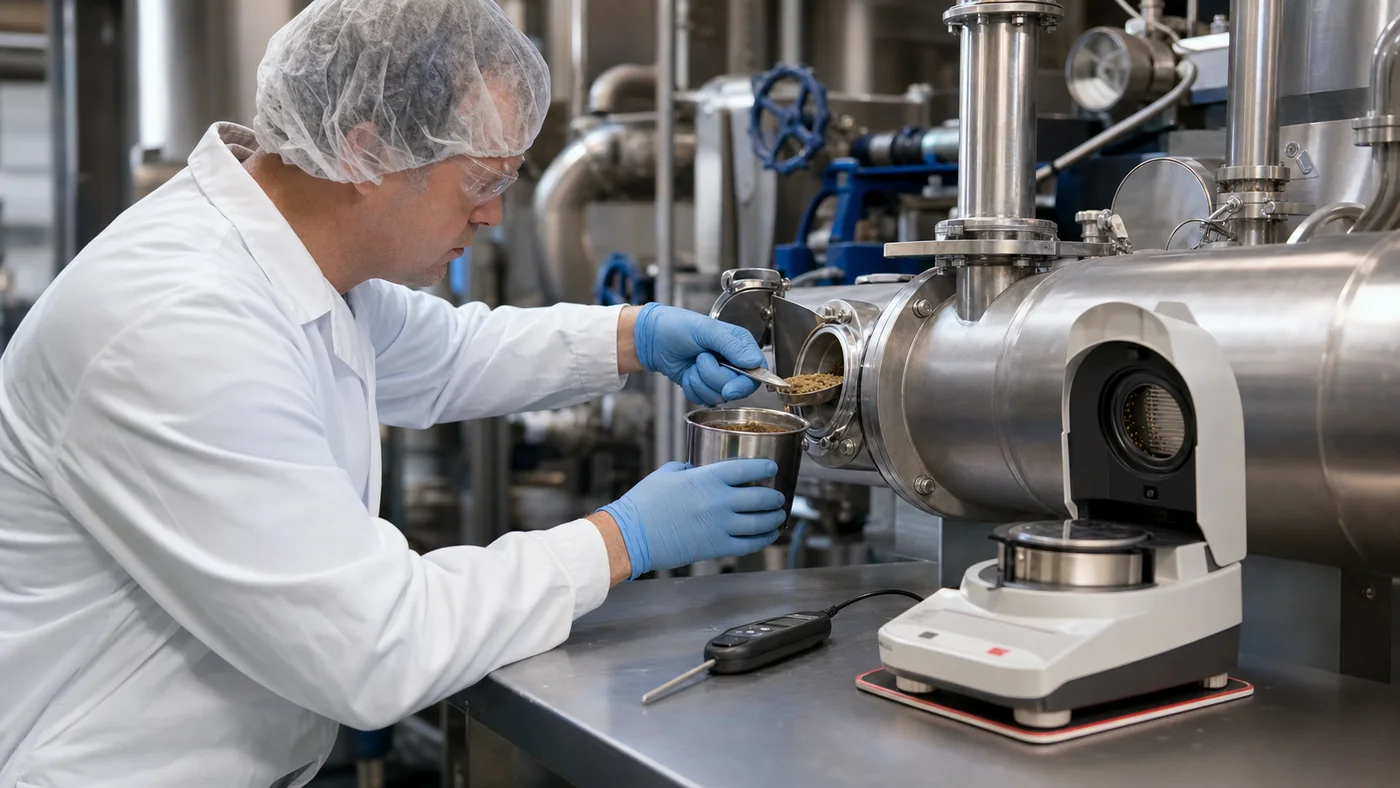 Technician checking warm conditioned pet food meal from a sanitary sampling point before extrusion