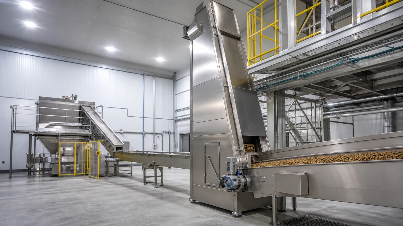 Enclosed stainless steel bucket elevator and horizontal conveyor transferring dry kibble in a pet food factory
