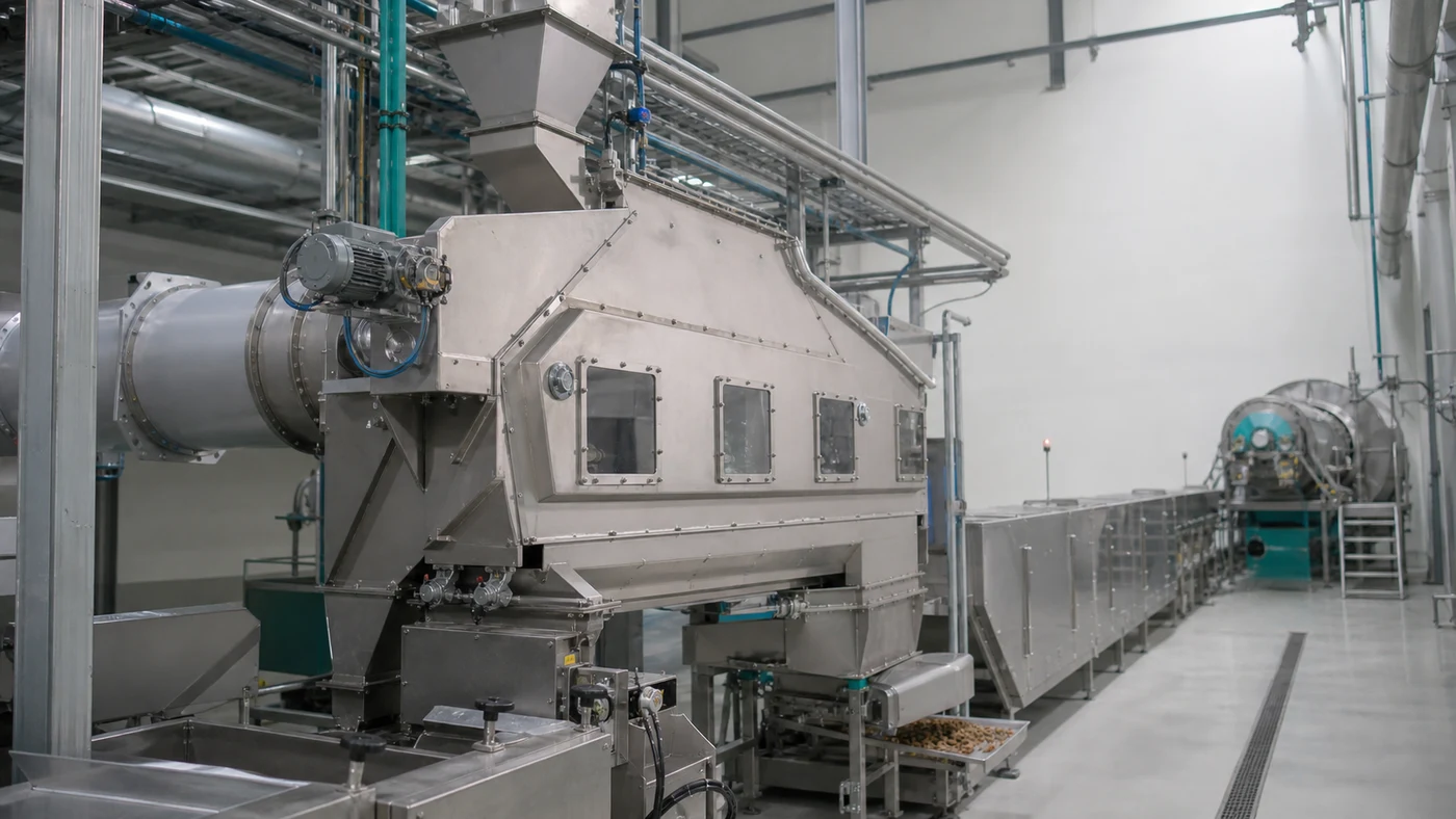 Stainless steel counterflow cooling system with enclosed conveyor on a dry pet food production line