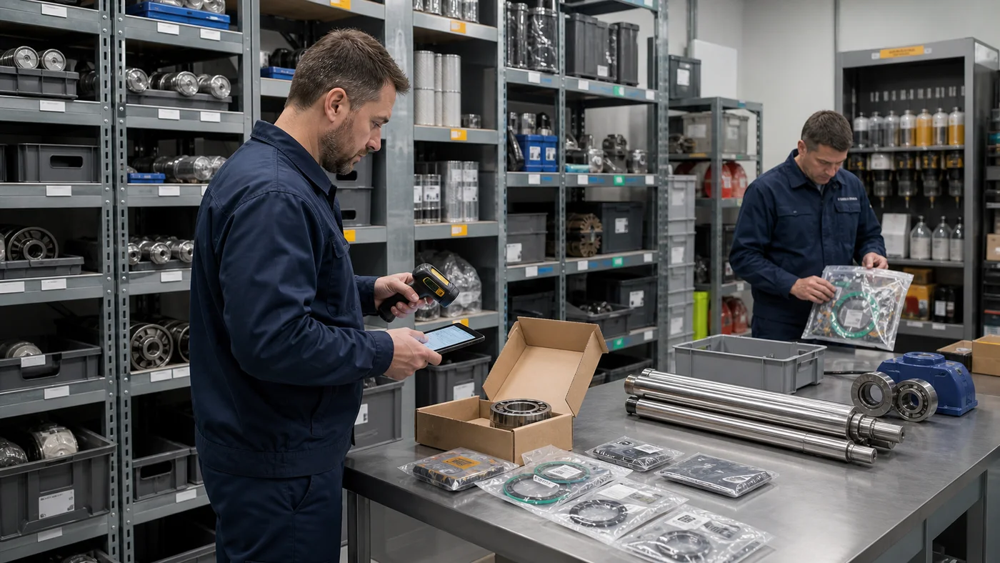 Maintenance team checking critical bearings seals and shafts in an organized pet food factory spare-parts room