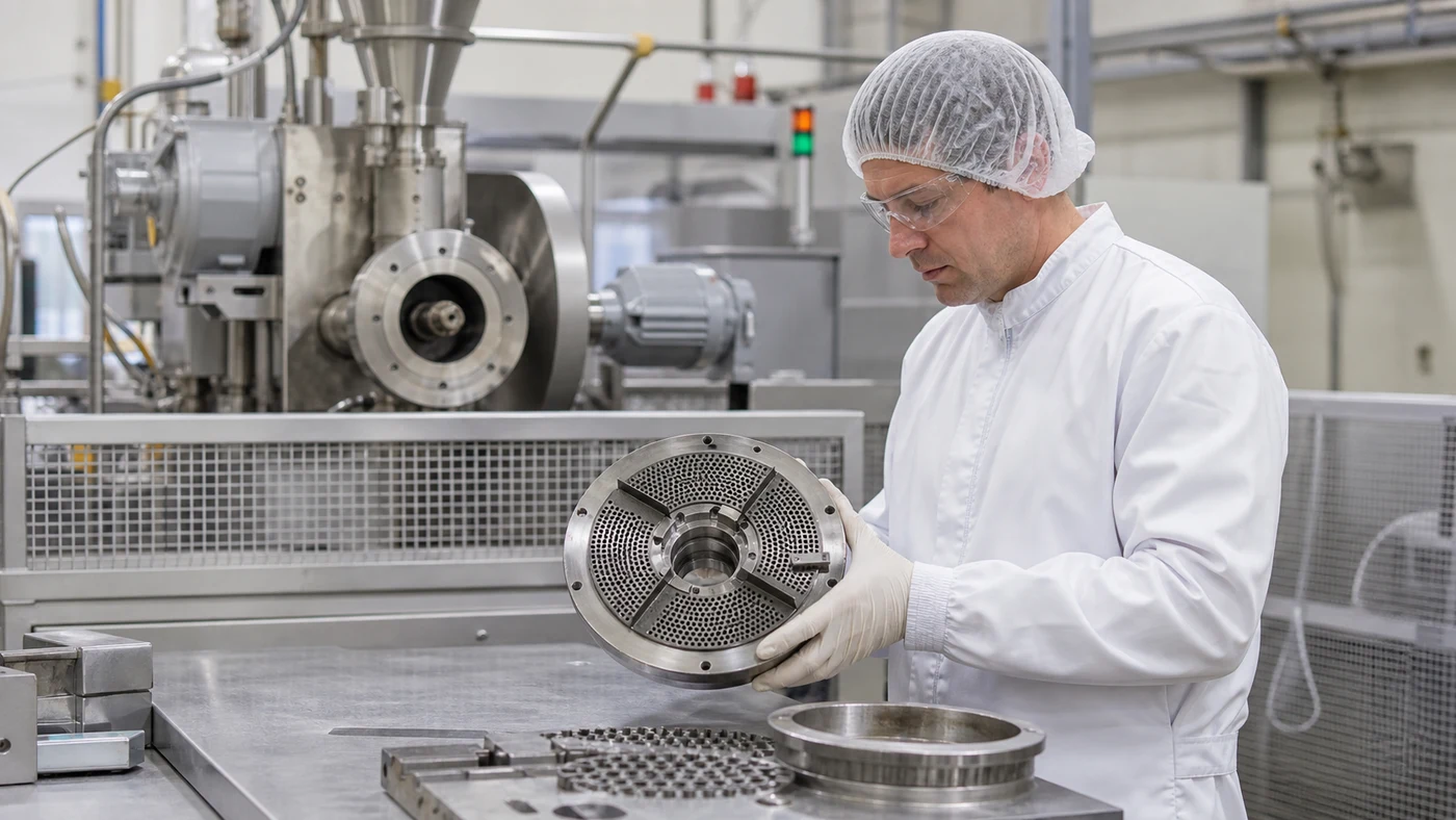 Factory technician inspecting a removed stainless steel pet food extrusion die plate beside an isolated extruder