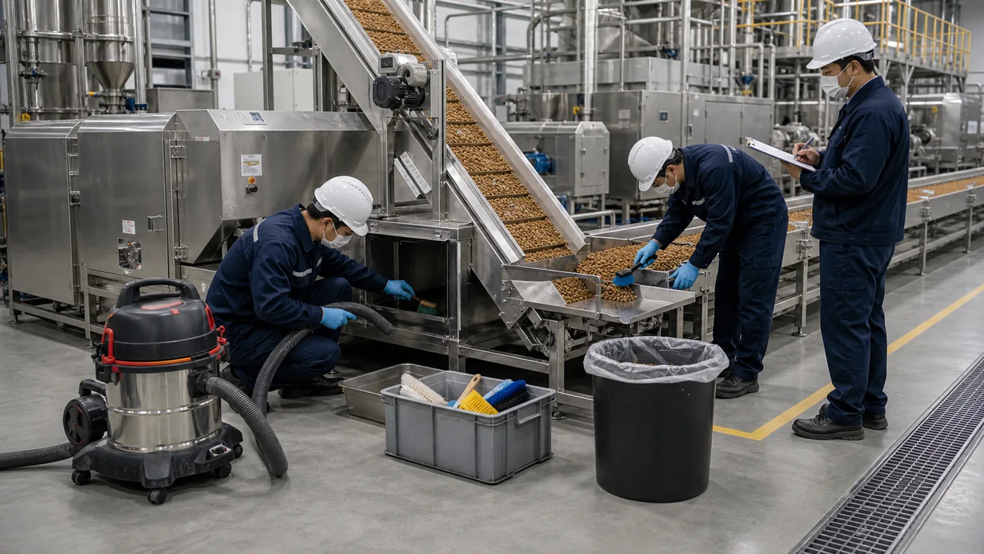Dry pet food production line cleaning and changeover