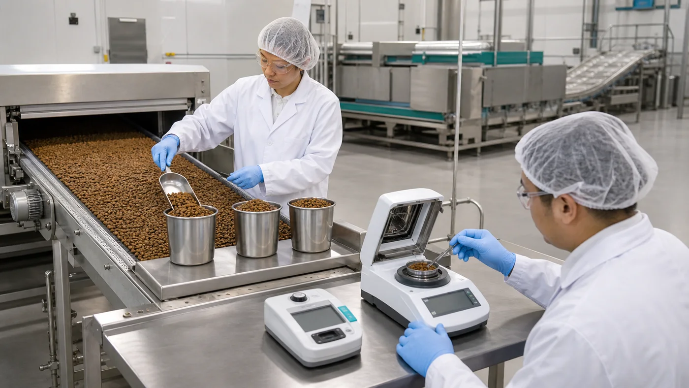 Technicians collecting kibble samples across a dryer discharge and checking moisture and water activity