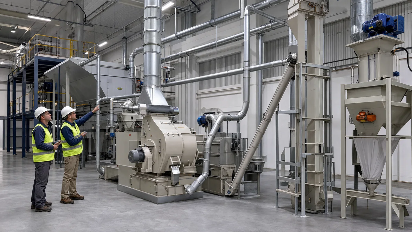 Engineers inspecting aspiration ducts and source capture around pet food grinding and transfer equipment