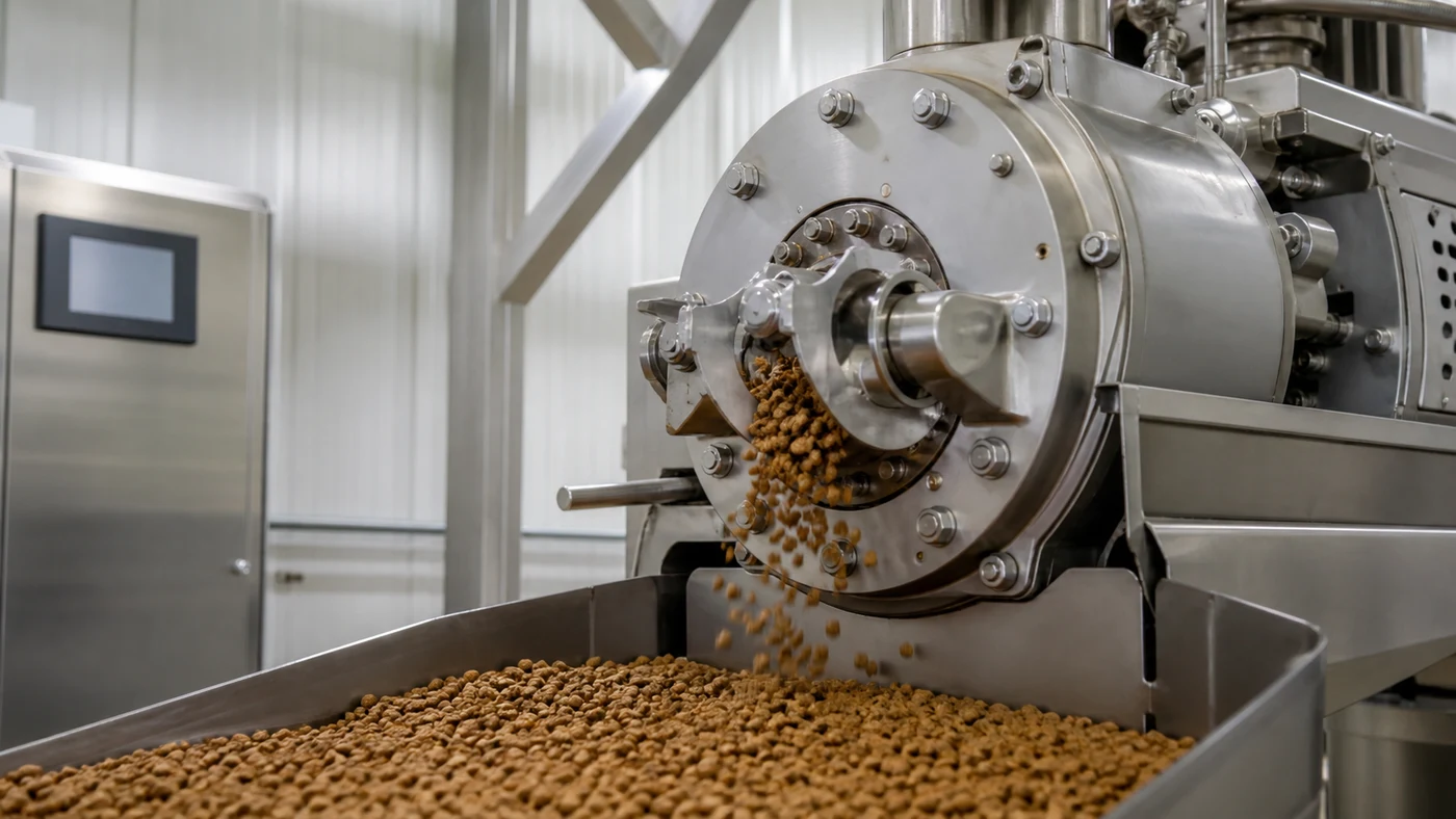 Stainless steel pet food extruder die and rotating cutter forming uniform dry kibble onto a receiving conveyor