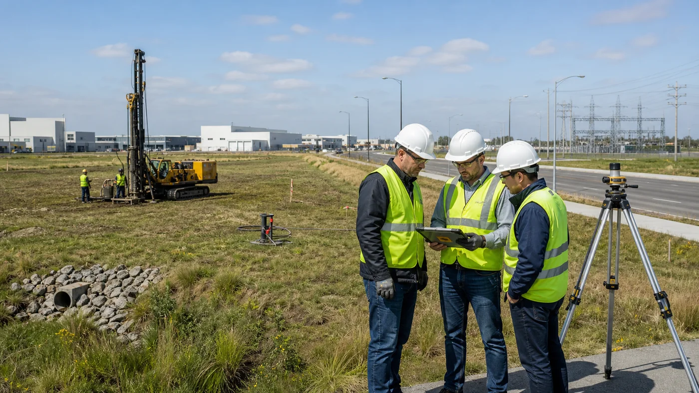 Engineers reviewing geotechnical and utility conditions on a proposed pet food factory site