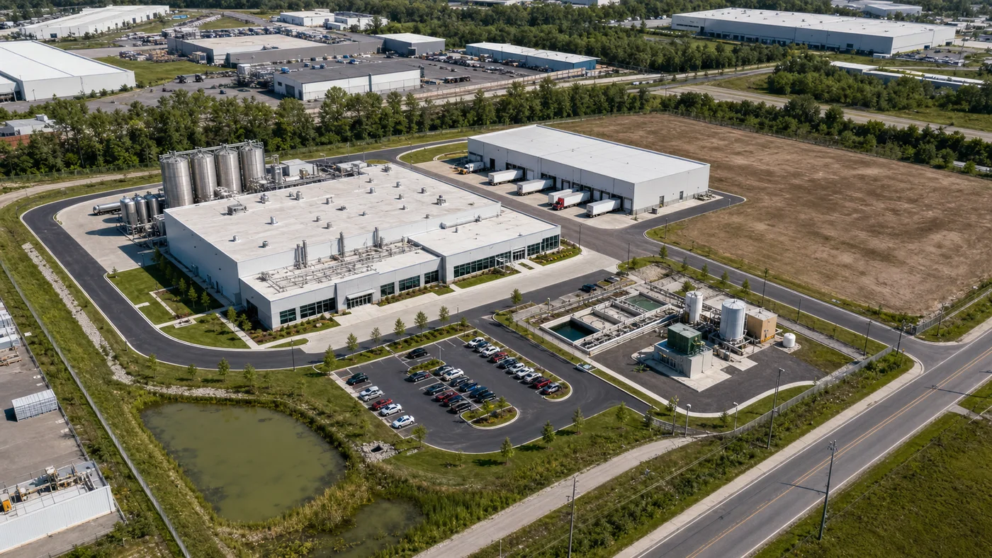 Aerial view of a pet food factory site with production warehouse utilities truck roads drainage and expansion land