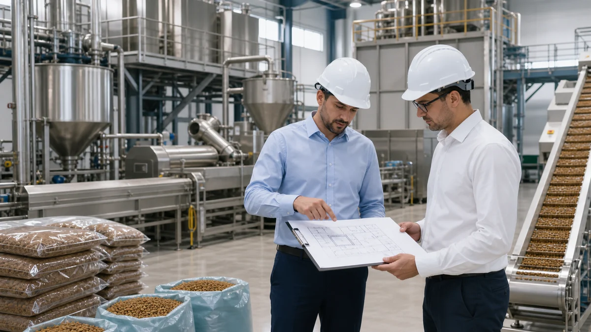 Engineers reviewing pet food factory setup plan inside a production workshop