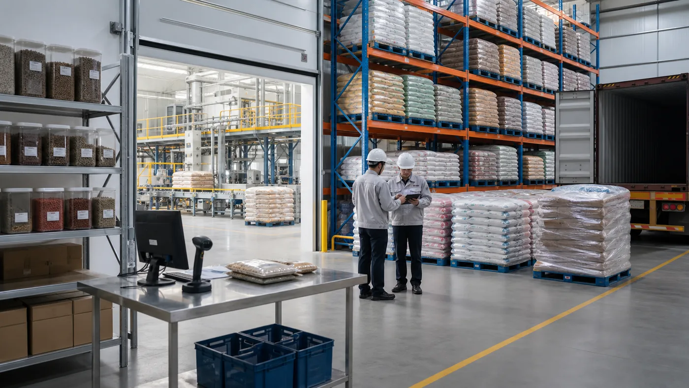 Pet food finished goods warehouse with palletized bags and batch traceability workflow