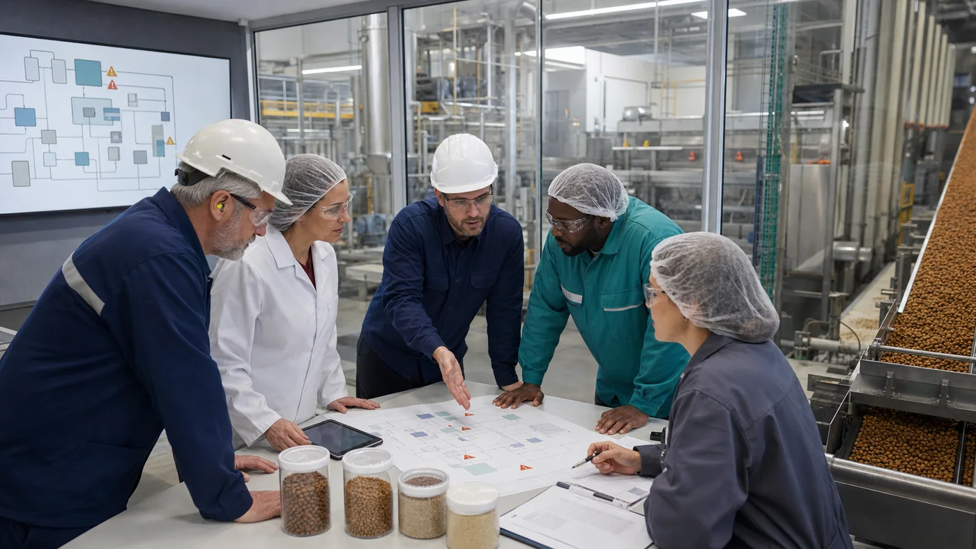 Pet food factory quality production and engineering team reviewing a food safety process flow