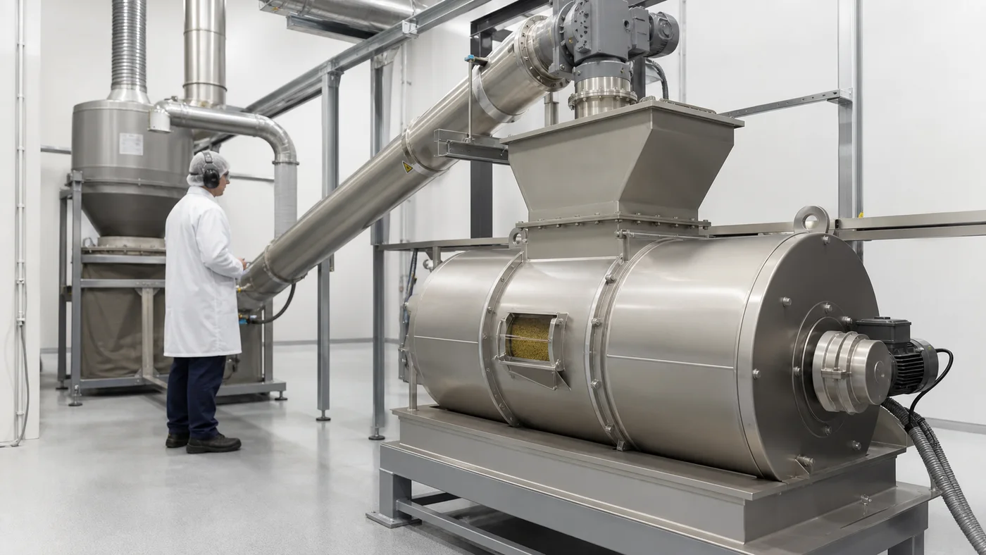 Food-grade hammer mill with hopper, aspiration filter, and enclosed conveying in a dry pet food factory