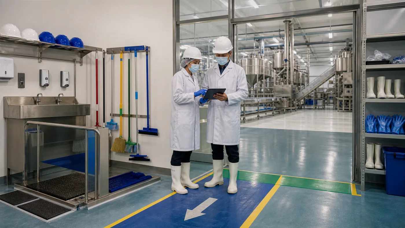 Pet food factory hygiene zoning entrance with PPE and cleaning tool station factory planning visual