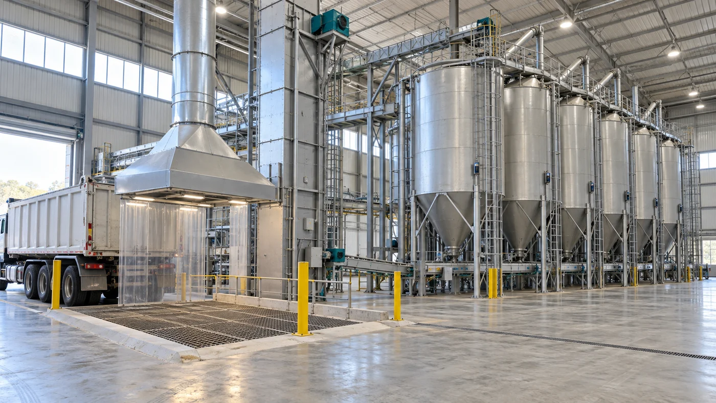 AI-generated illustration of a dry ingredient receiving pit and silo system in a pet food factory