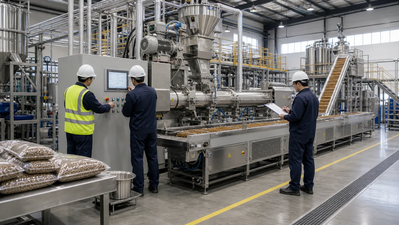Pet food production line commissioning with control panel and operators factory planning visual