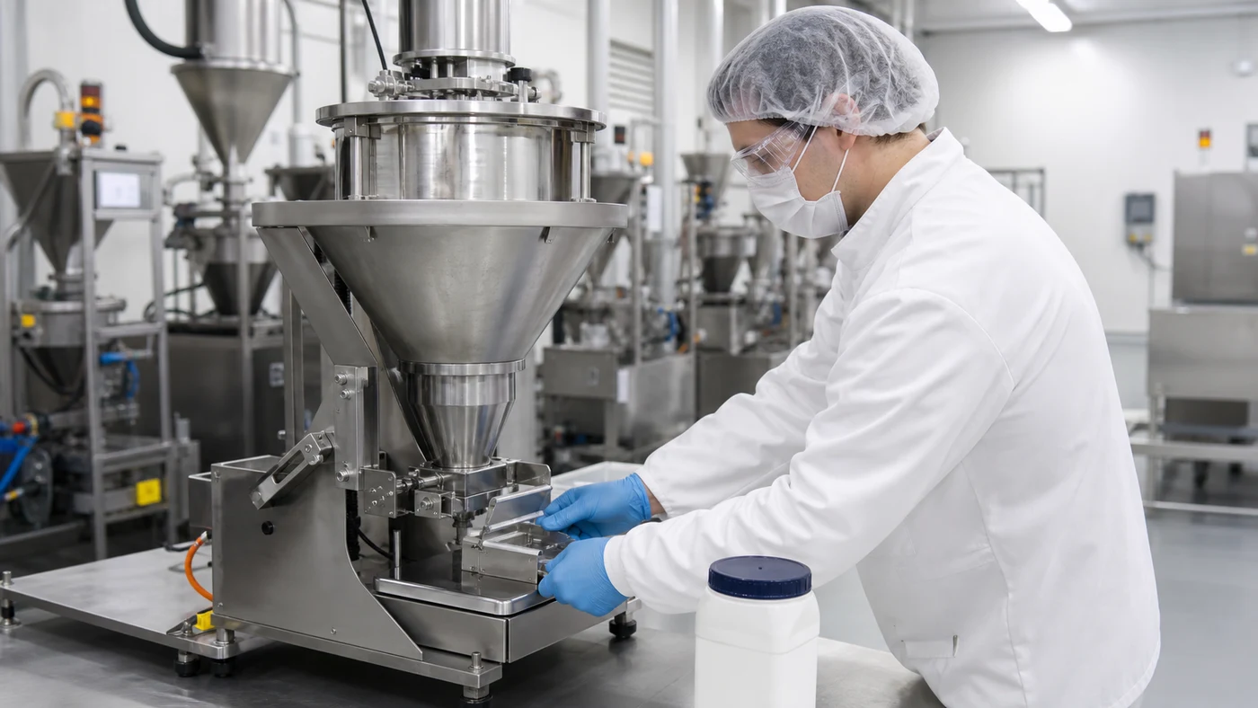 Factory technician checking a stainless steel loss-in-weight feeder in a pet food premix room