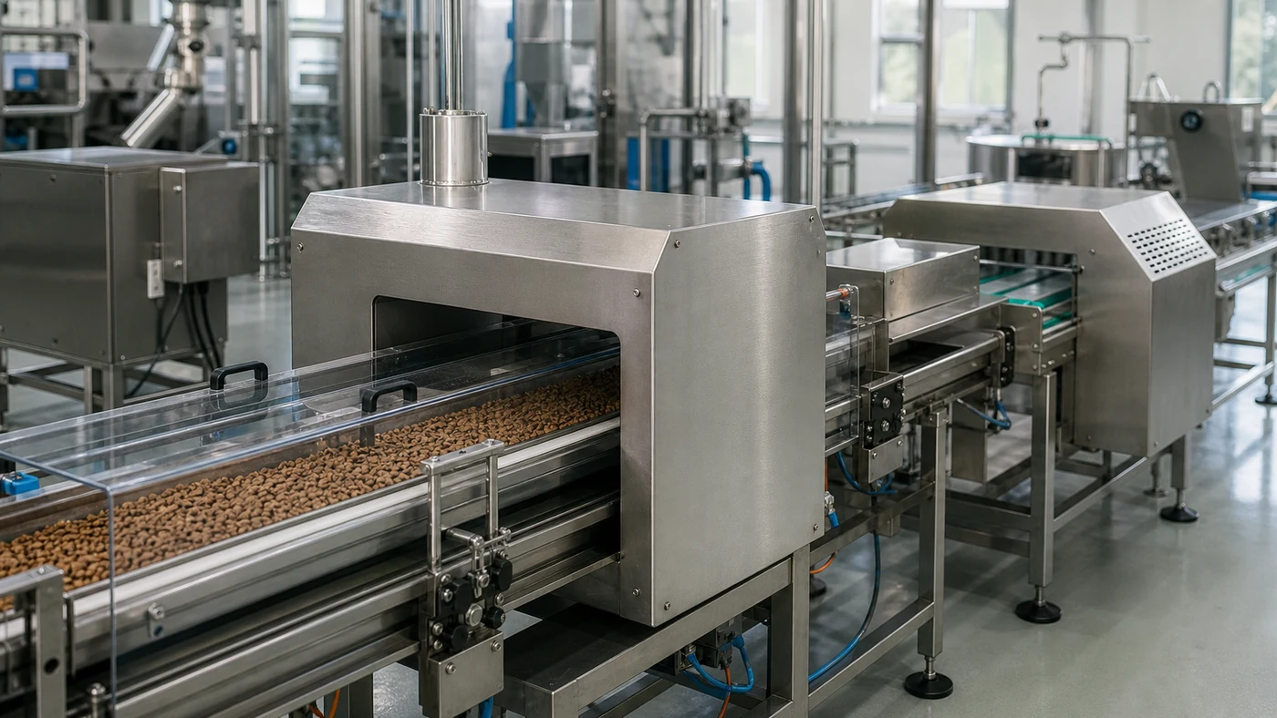 Stainless steel conveyor metal detector inspecting dry pet food kibble before packing
