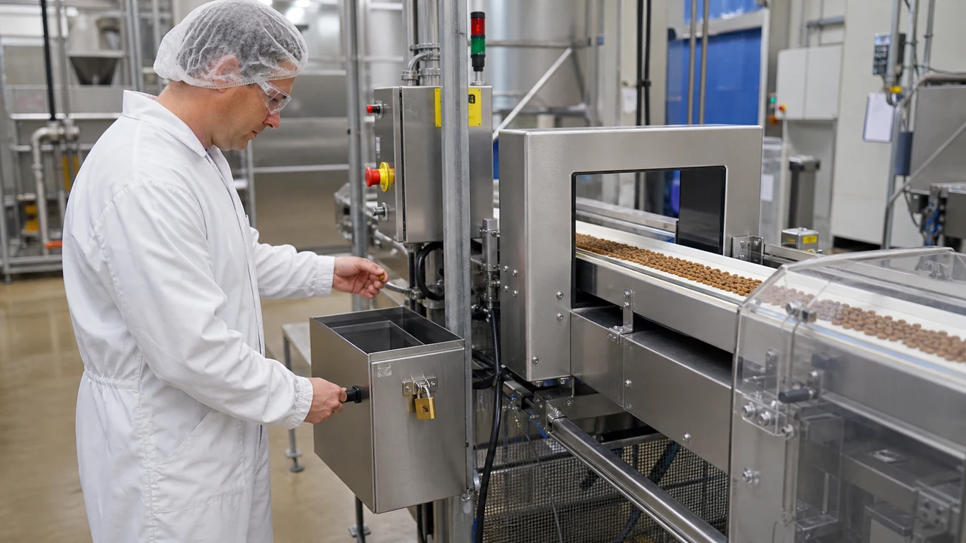 Quality technician checking a lockable reject bin beside a stainless steel pet food metal detector