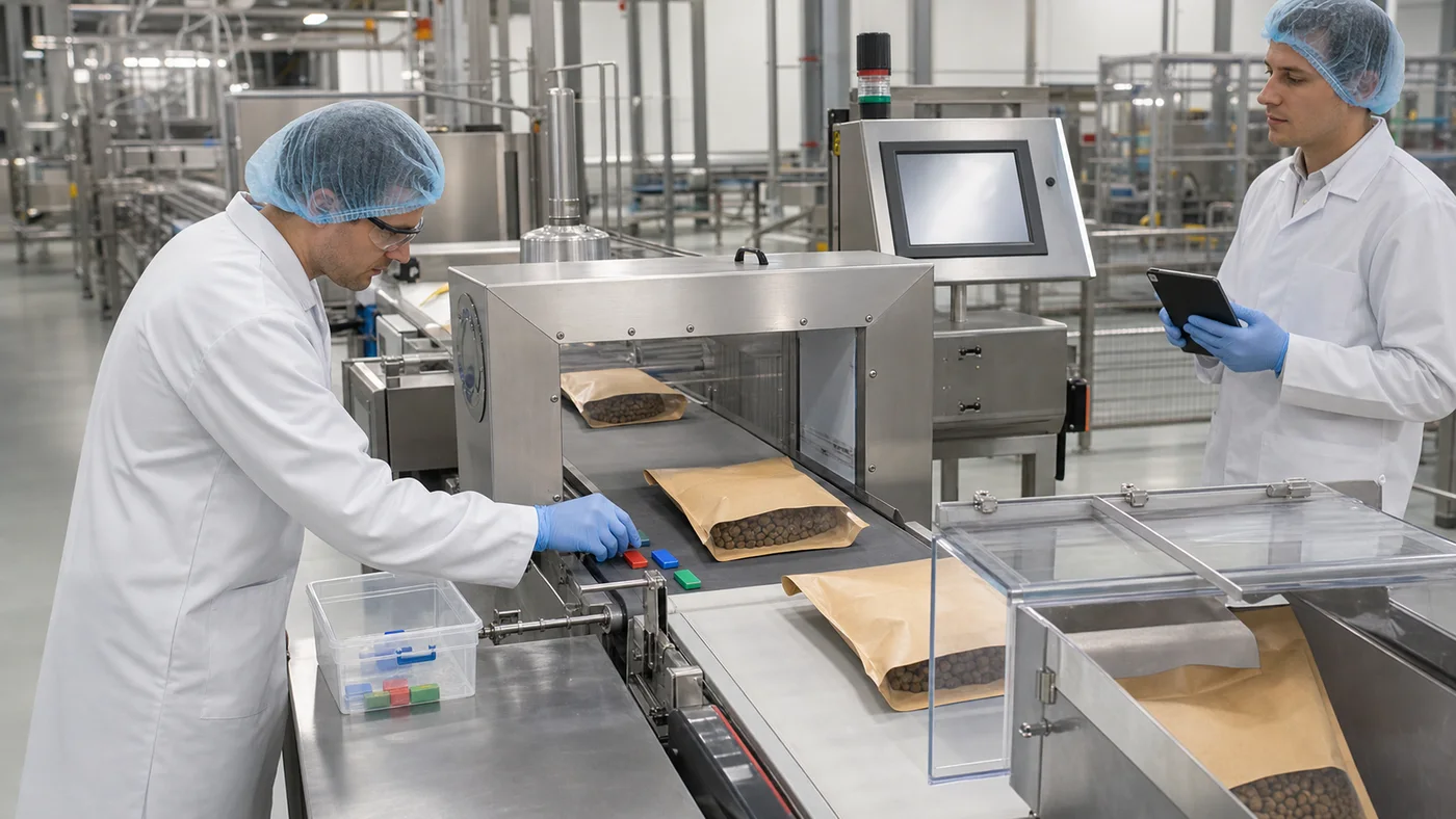 Quality technician verifying a metal detector with controlled test pieces on a pet food packaging line