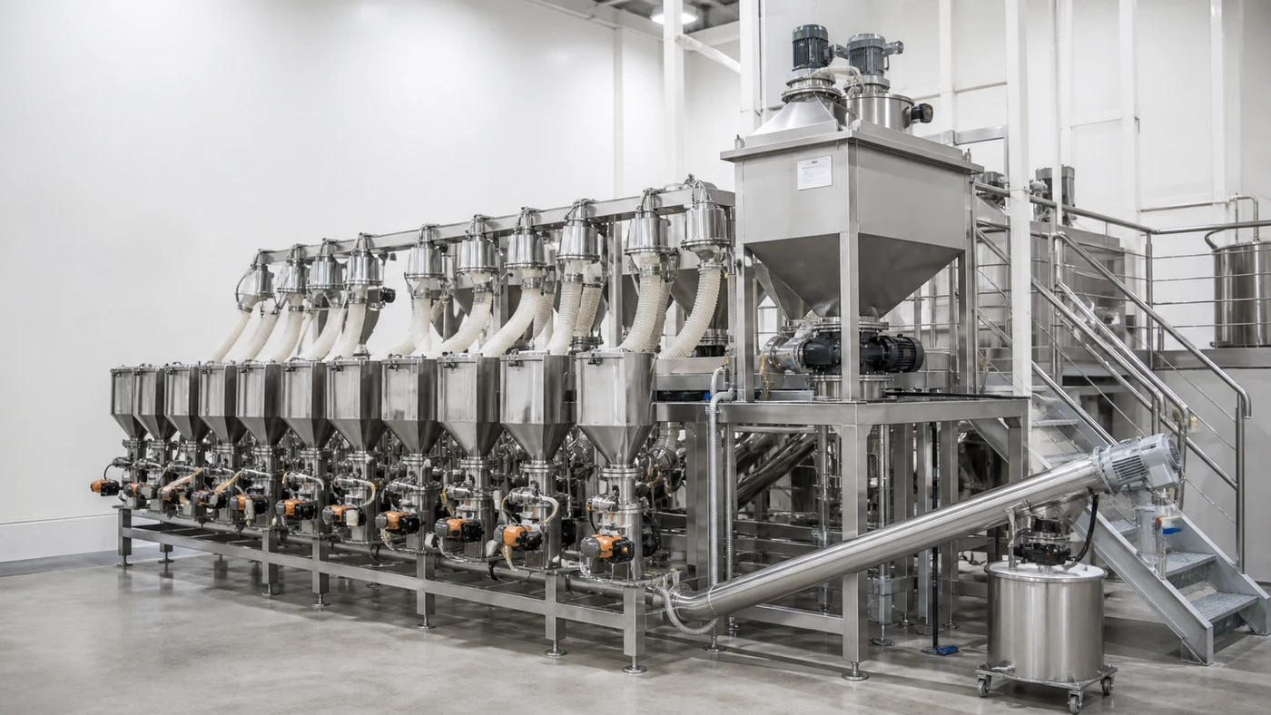 Stainless steel pet food micro-ingredient dosing system with compact premix hoppers and precision feeders