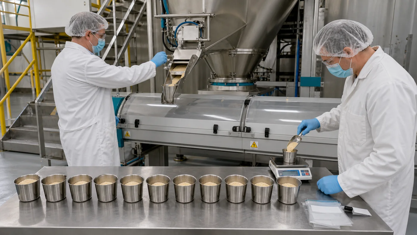 Quality technicians collecting multiple pet food meal samples through a mixer discharge for uniformity testing