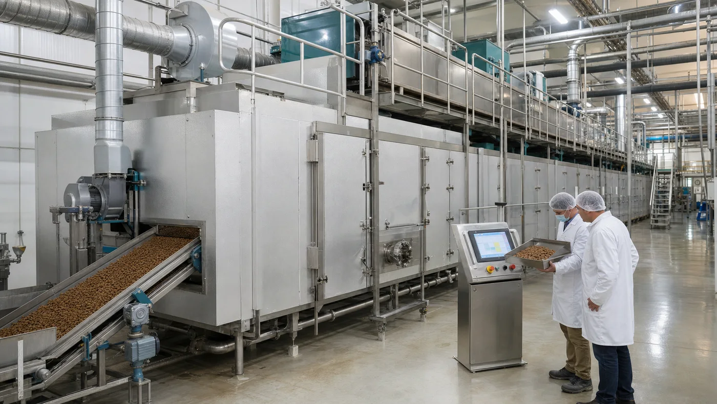 Multi-zone conveyor dryer operating in a modern dry pet food factory