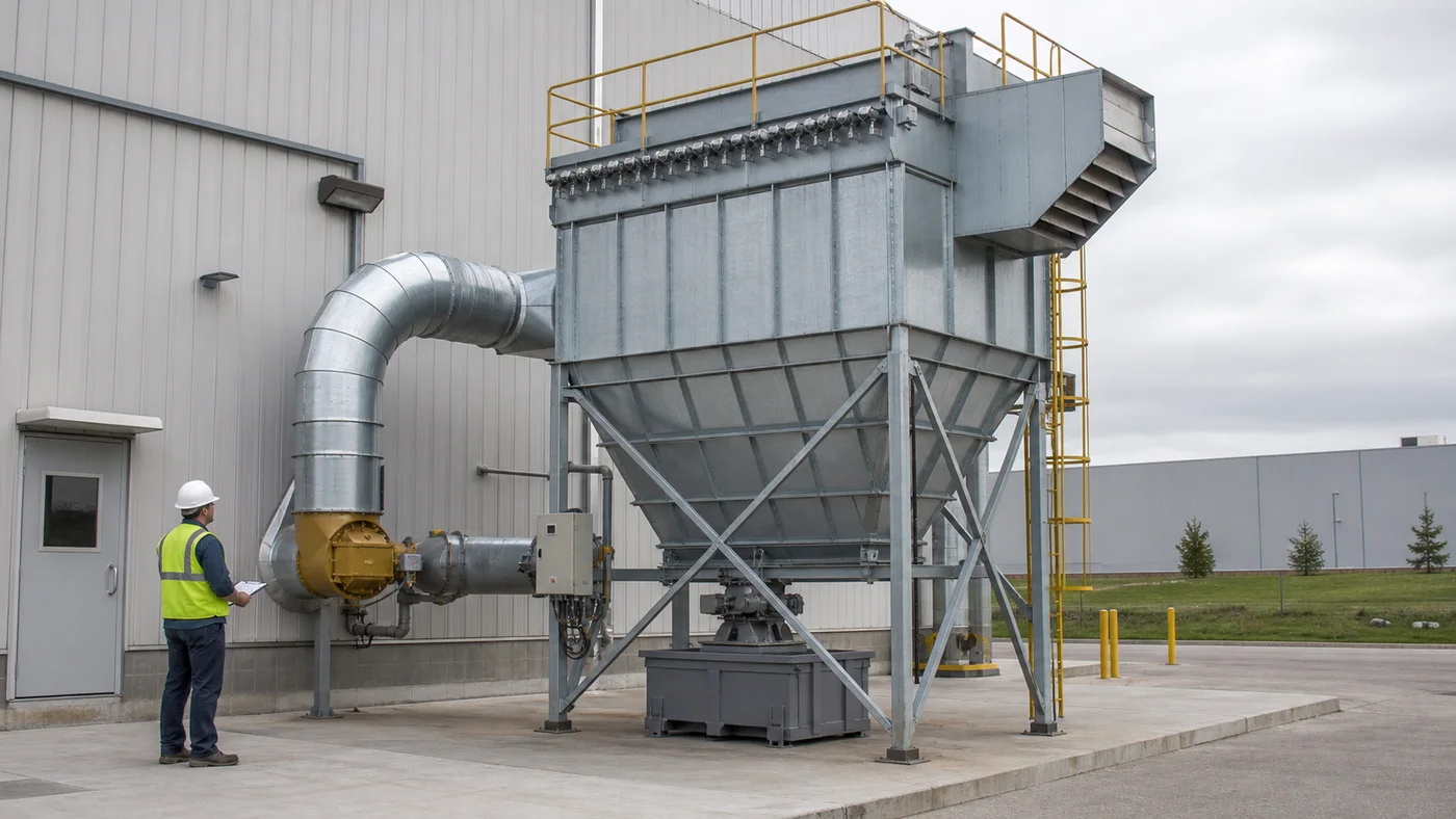 Outdoor fabric filter dust collector and sealed discharge system beside a pet food factory