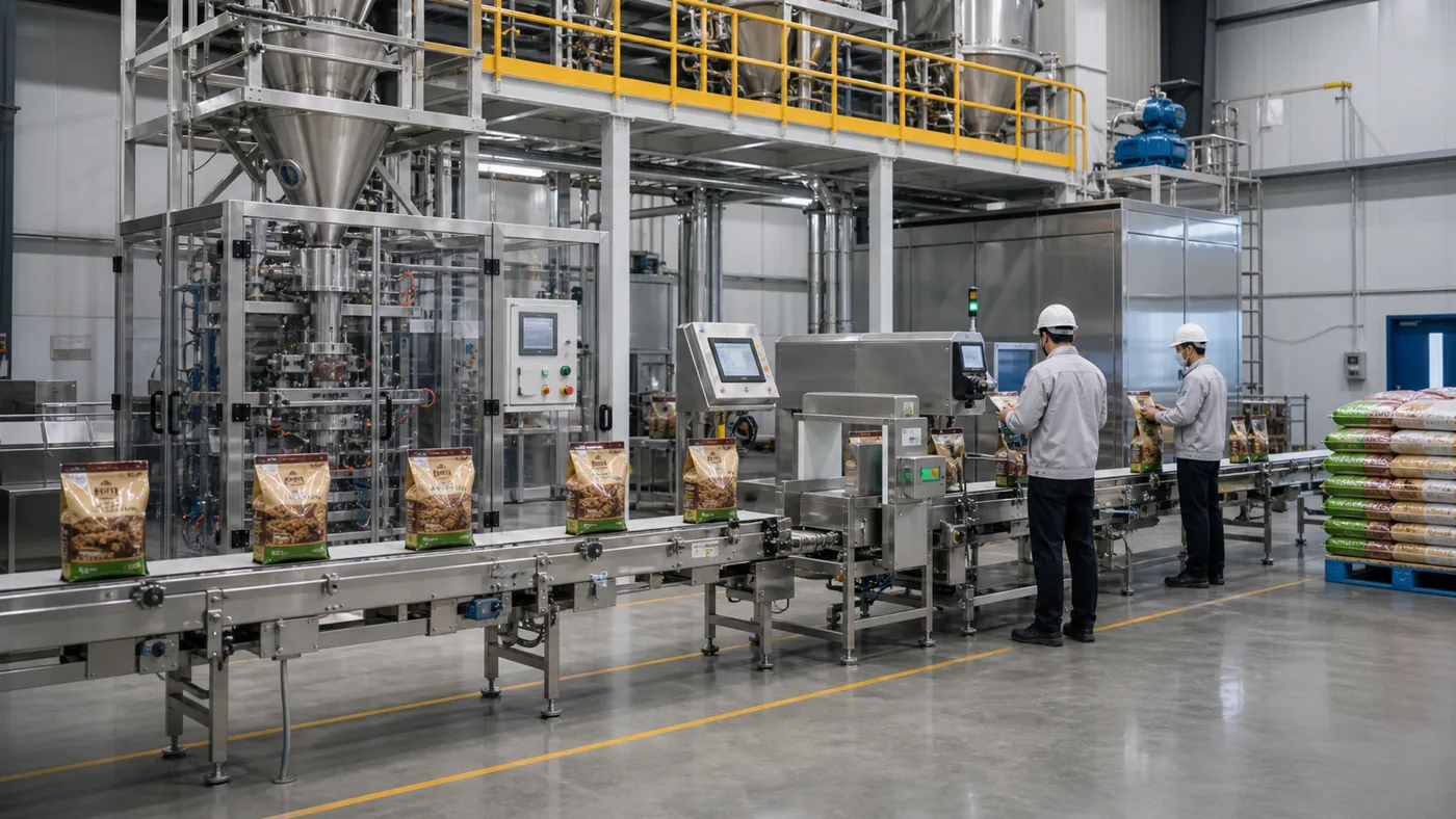Pet food packaging line with bagging checkweigher metal detection and sealed bags factory planning visual