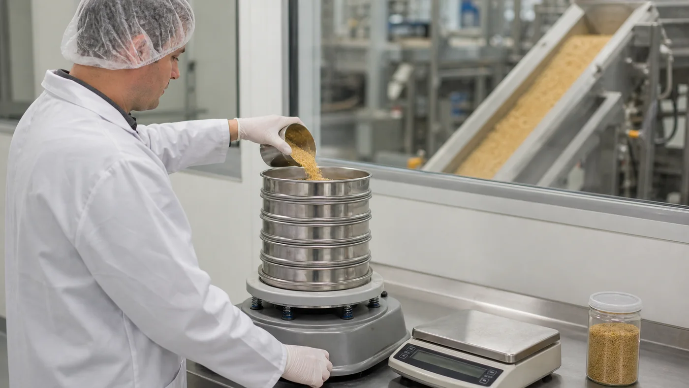 Technician checking freshly ground pet food meal with a stack of stainless test sieves