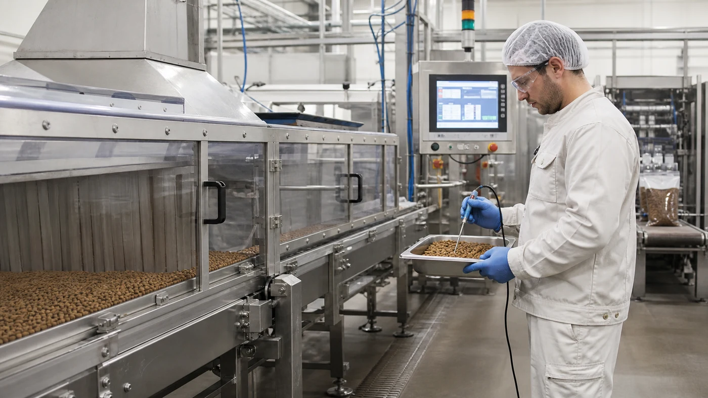 Factory technician checking dry kibble temperature at an enclosed conveyor before packaging