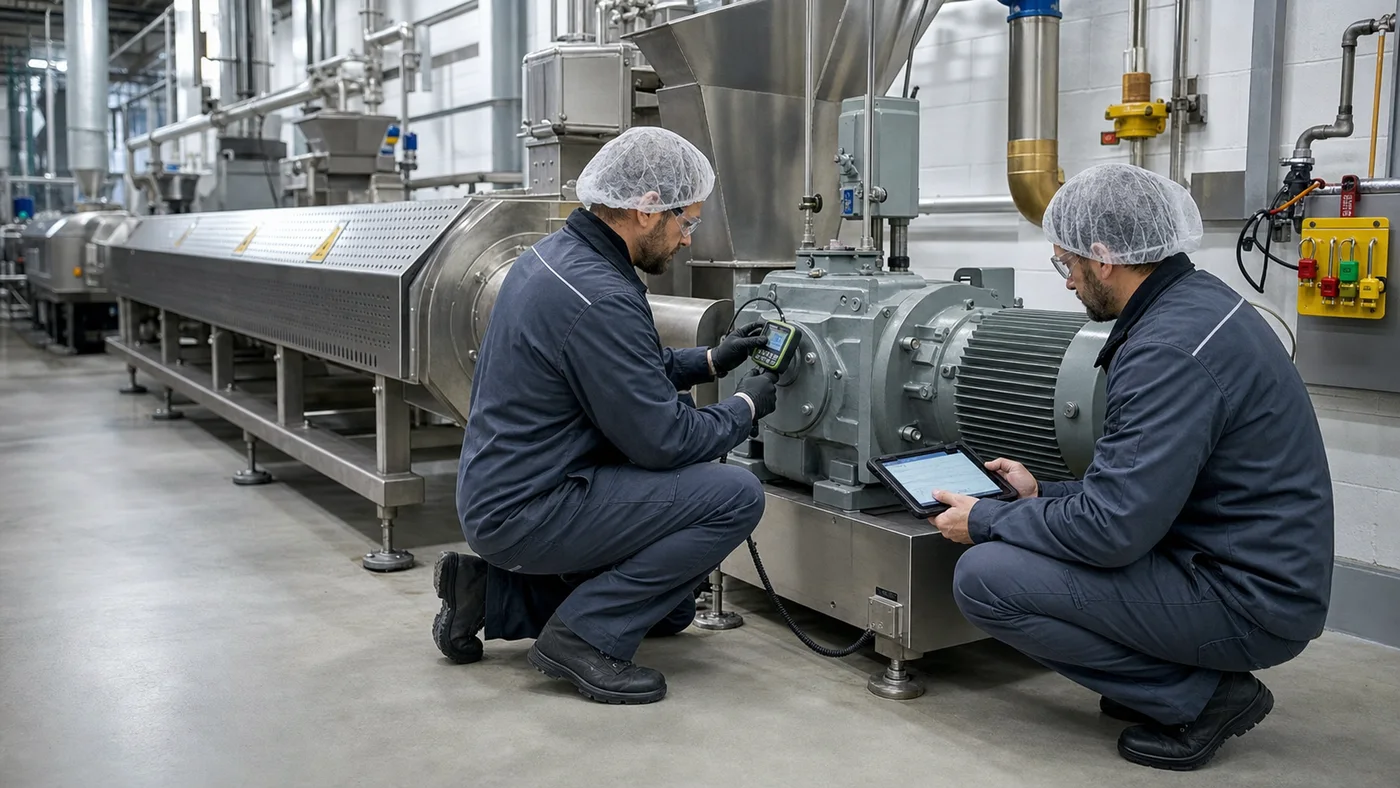 Maintenance engineers checking vibration and equipment history on a pet food production line