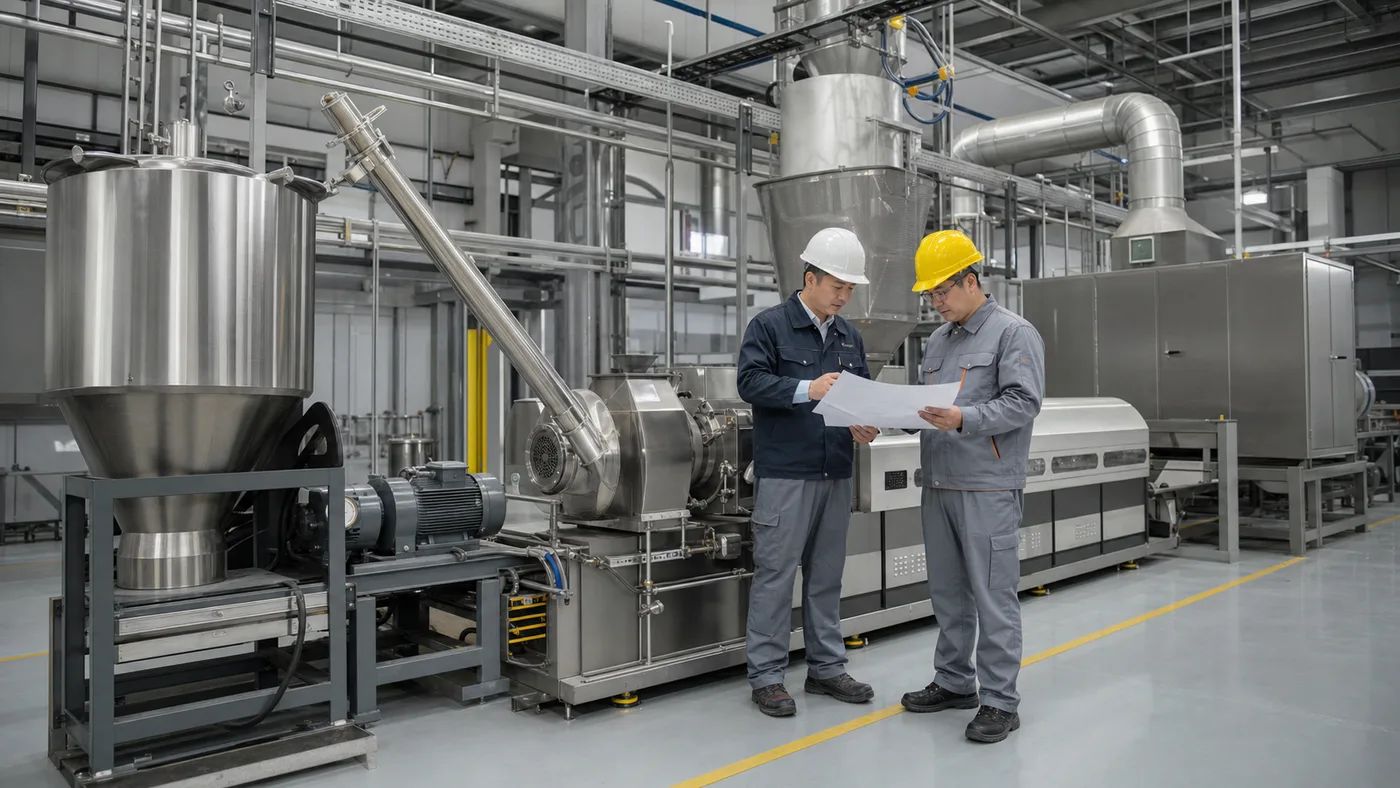 Pet food factory engineer and operations manager reviewing equipment and utility scope beside an extrusion line