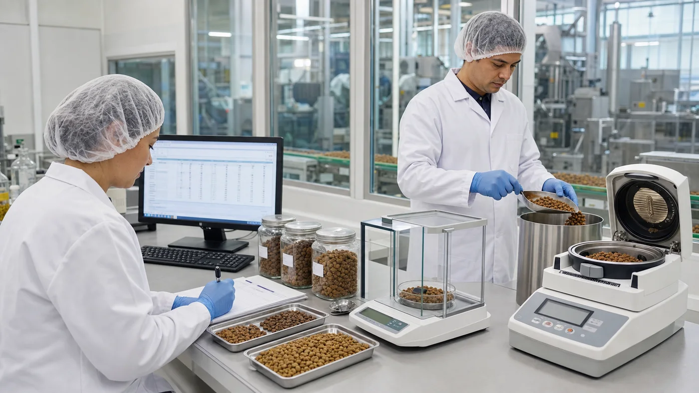Quality technicians testing dry pet food samples in a factory laboratory