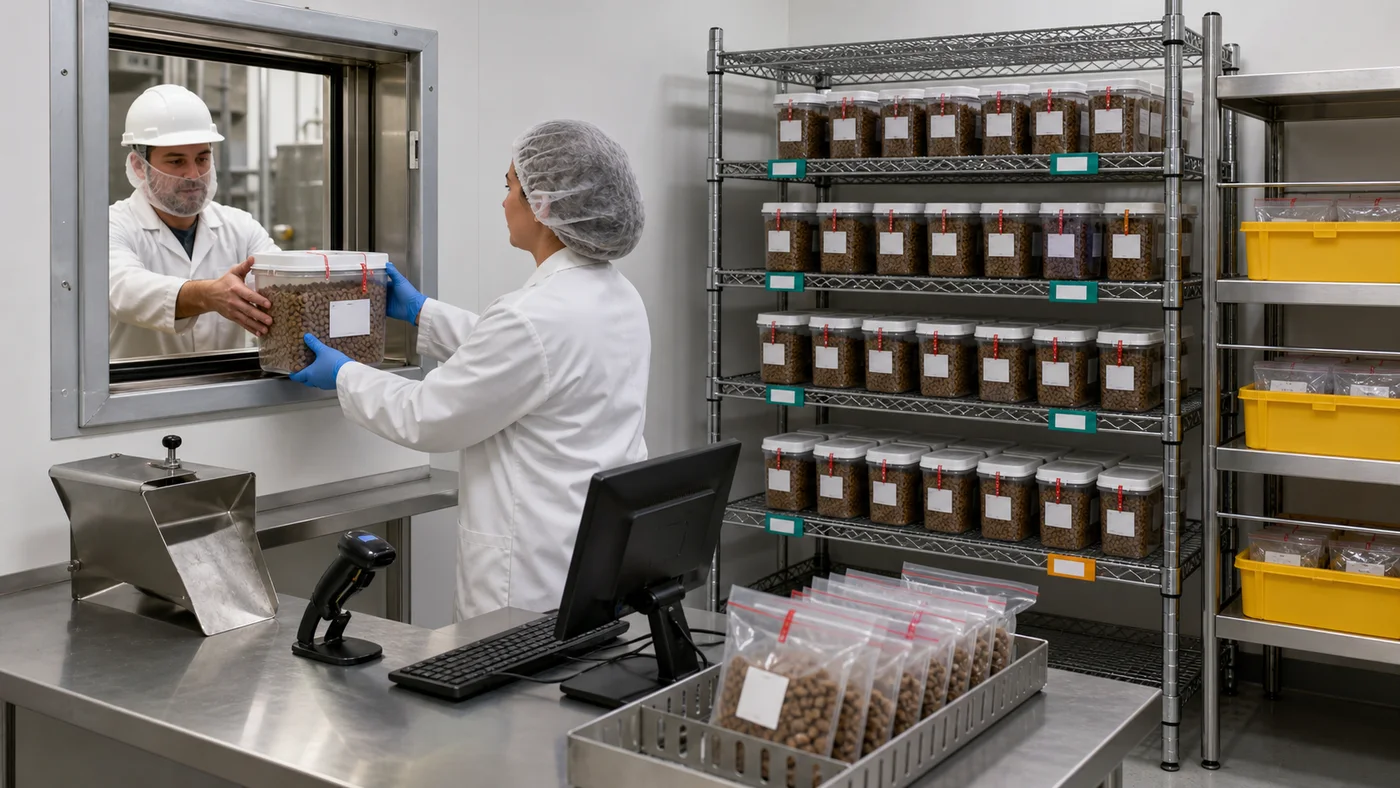 Quality technician receiving a sealed pet food sample beside an organized retain-sample archive
