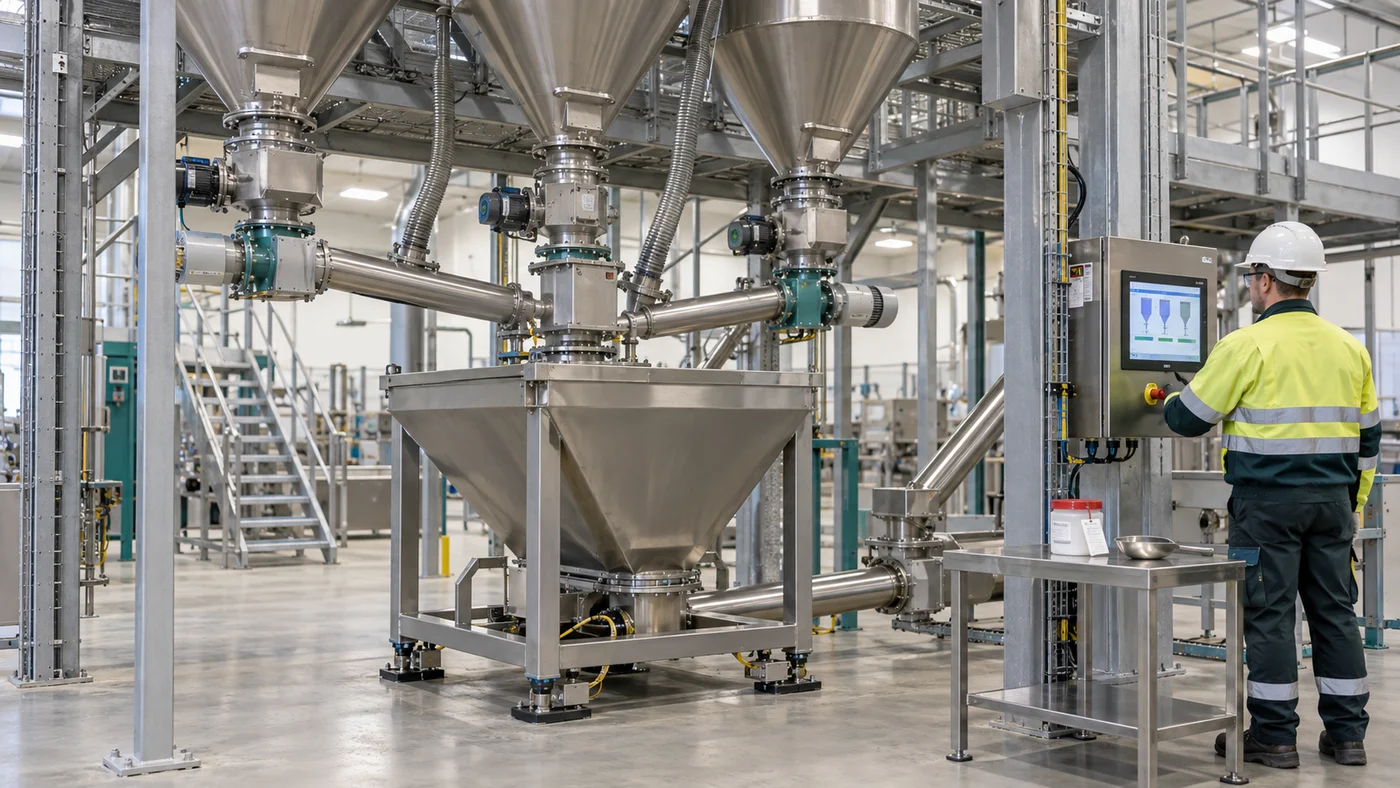 AI-generated illustration of silo discharge feeders supplying a pet food batch weigh hopper