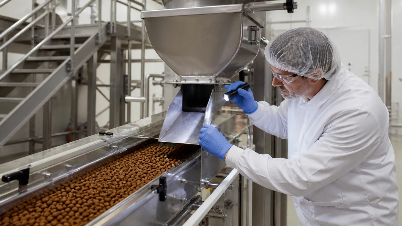 Factory technician inspecting a stainless steel transfer chute above a protected dry kibble conveyor