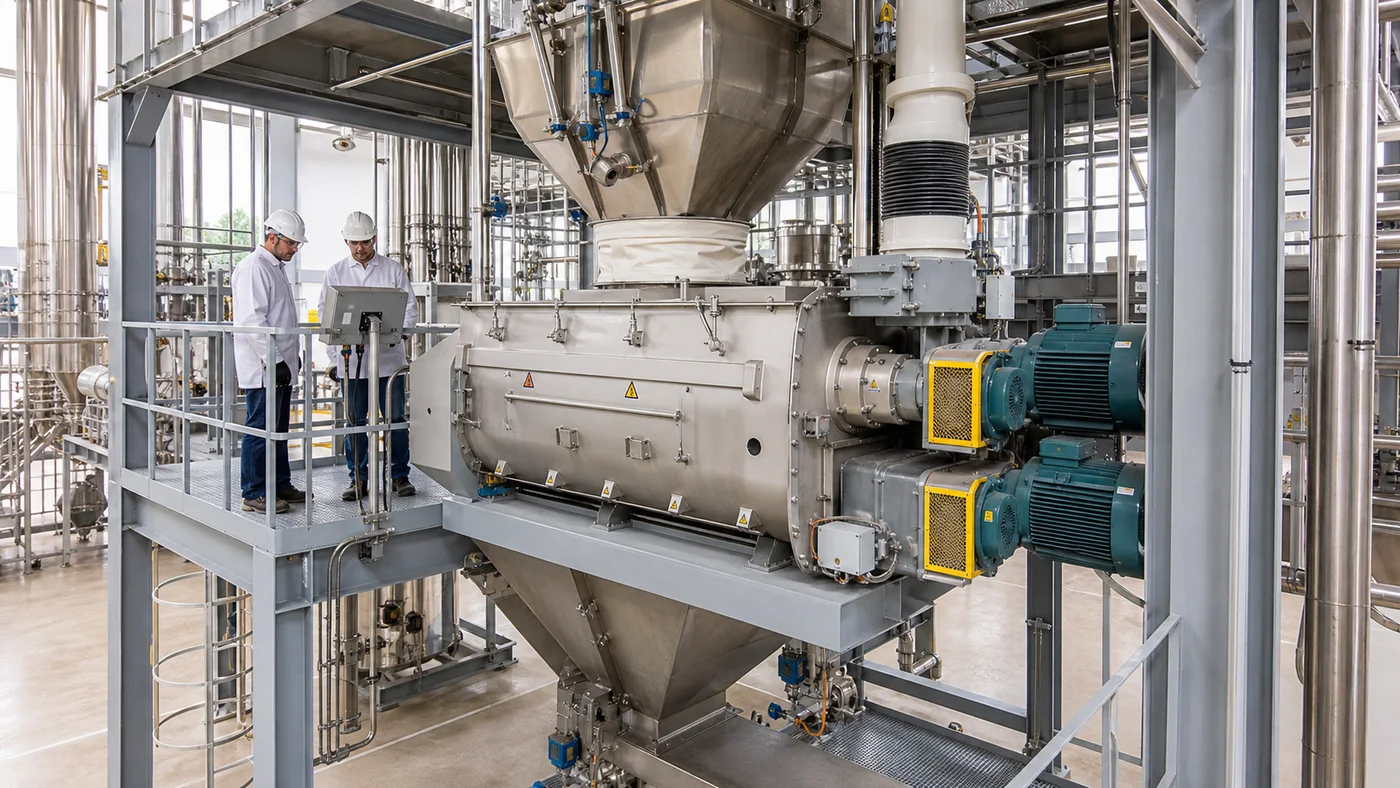 Twin-shaft paddle batch mixer installed between a weigh hopper and surge hopper in a pet food factory