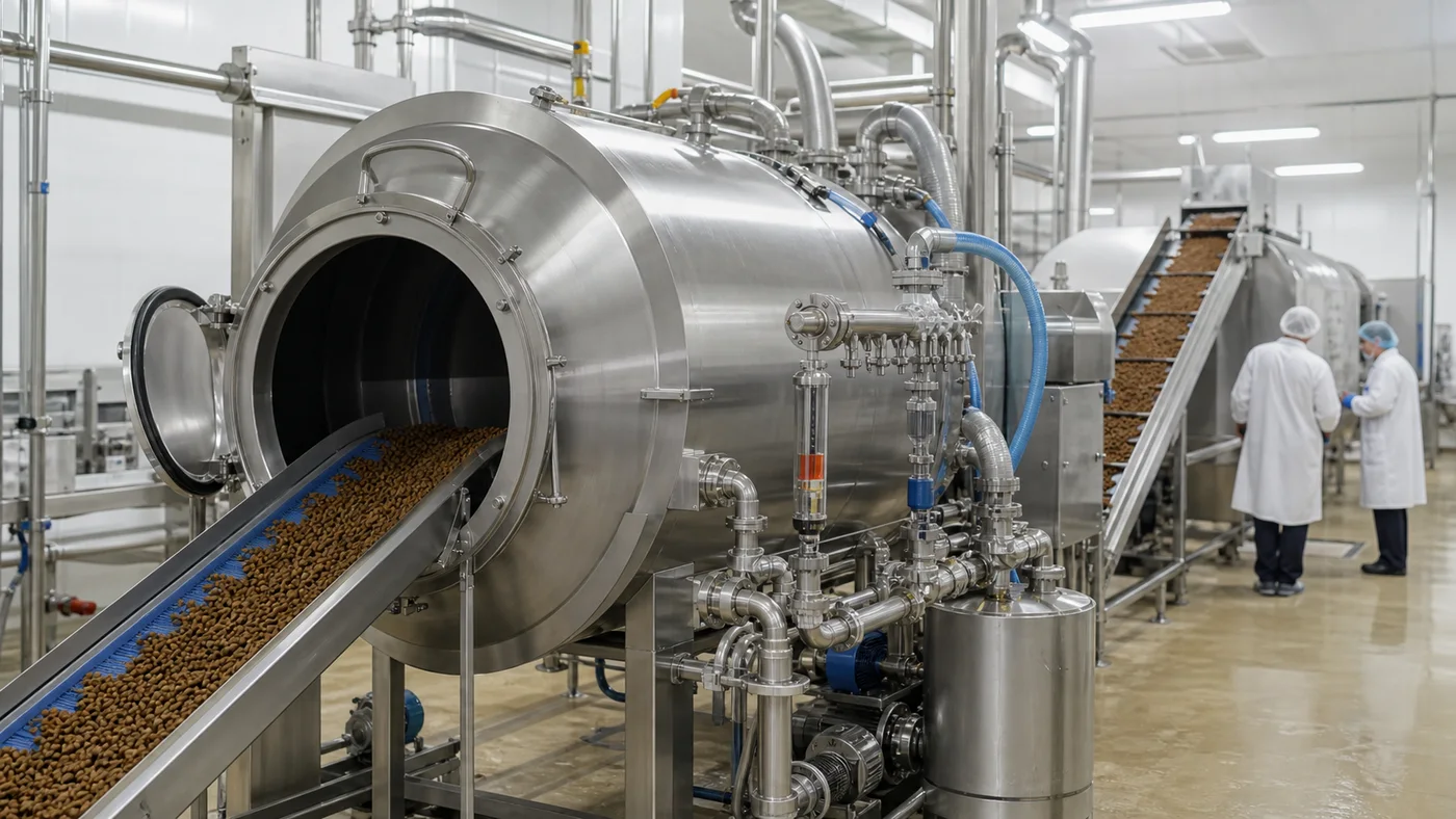 Stainless steel pet food vacuum coating drum connected to a hygienic oil and liquid palatant dosing skid