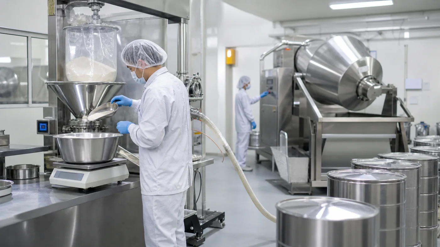 Controlled pet supplement production room with ingredient weighing and stainless steel blending equipment