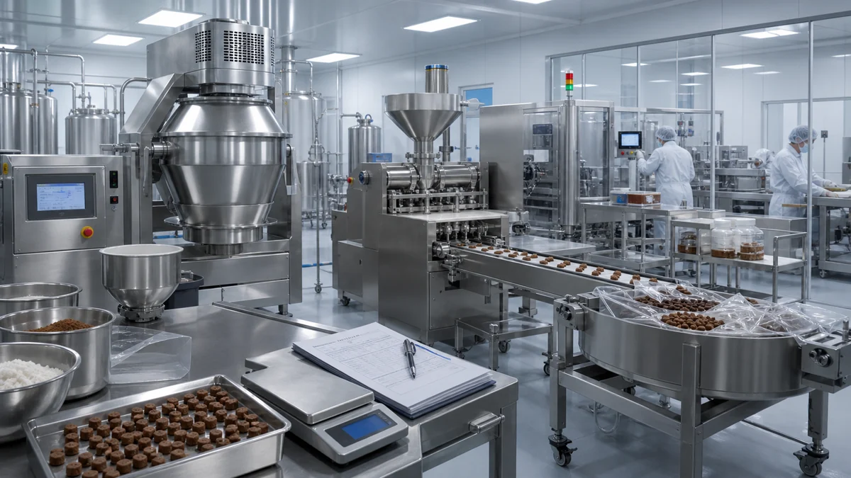 Pet supplement soft chews production workshop with batching and packaging equipment