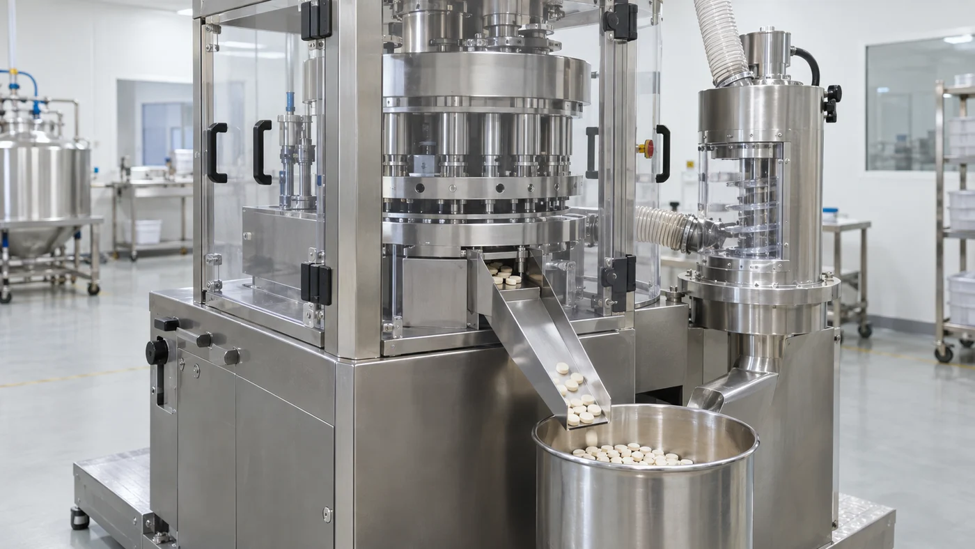 AI-generated illustration of an enclosed rotary press producing pet supplement tablets