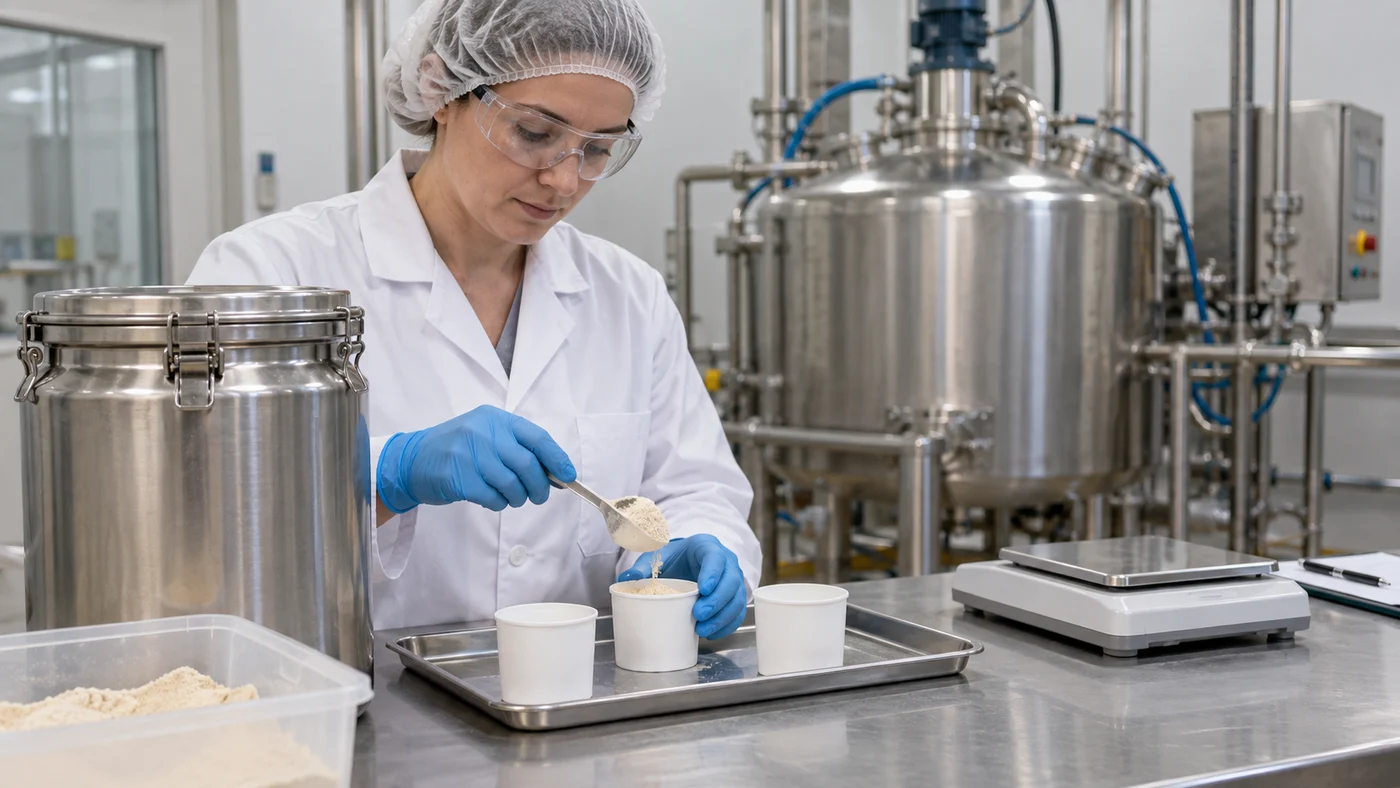 Illustrative technician transferring a nutritional powder sample into a sample cup beside a closed production vessel